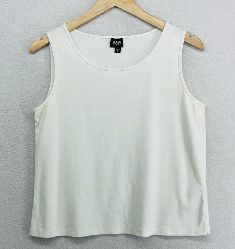 EILEEN FISHER Tank Top L Cotton Interlock Jersey Scoop Neck Sleeveless White